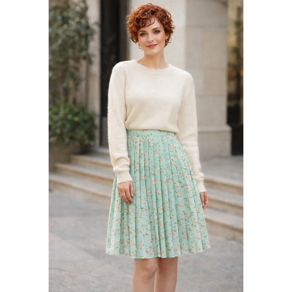 Womens Mint Green Floral Pleated Knee Length Skirt Sz M Feminine Coquette‎ Fairy